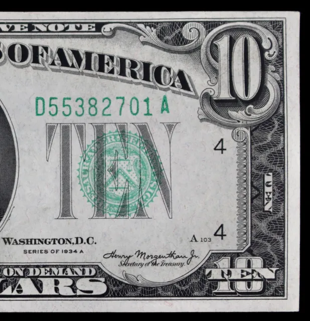$10 1934A AU Federal Reserve Note D55382701A series A, ten dollar, Cleveland