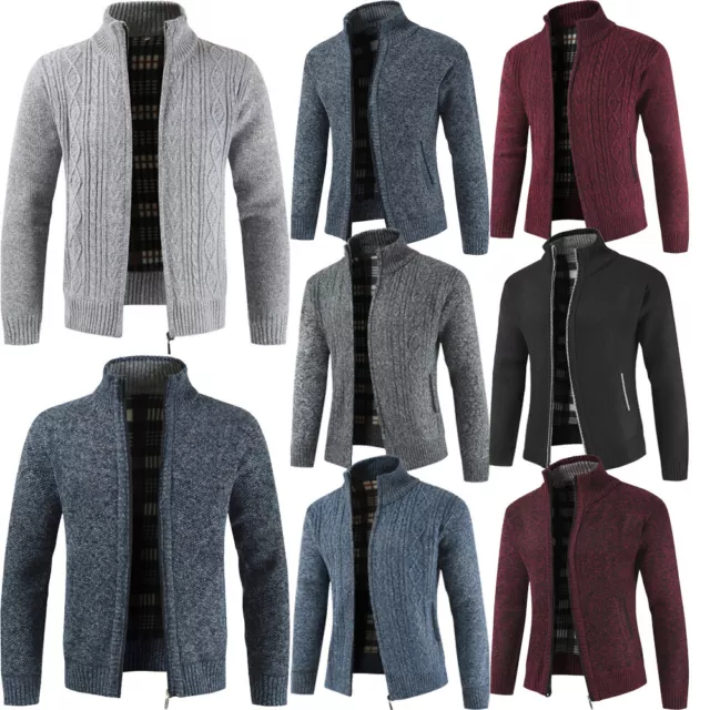 Mens Zip Up Thick Fleece Lined Cable Knit Cardigan Winter Knitted Warm Jacket