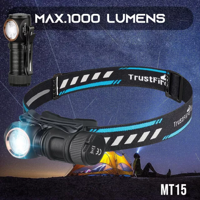 1000 Lumens Rechargeable Headlamp Right Angle Waterproof Flashlight W/ Headband