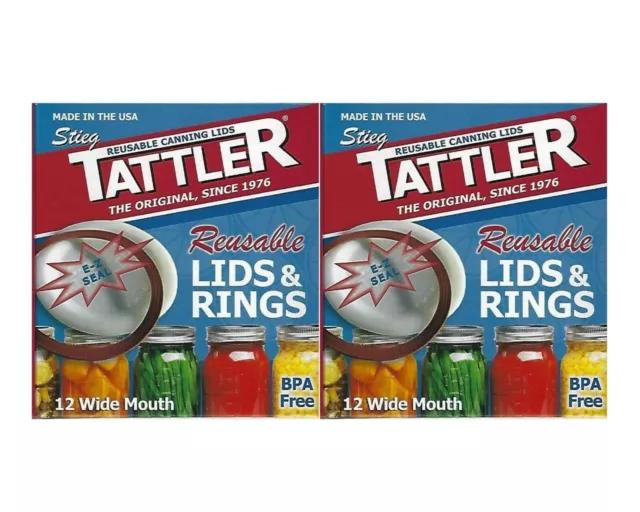 TATTLER Reusable WIDE MOUTH Canning Lids & Rubber Rings BPA FREE - Bulk 2 Dozen