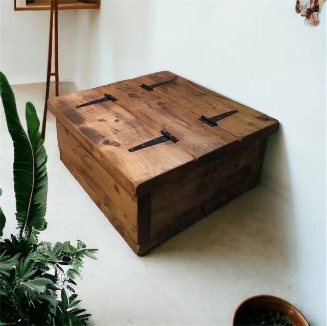 Square Storage Chest Chunky Rustic Coffee Table Solid Pine Wood Handmade RB wax