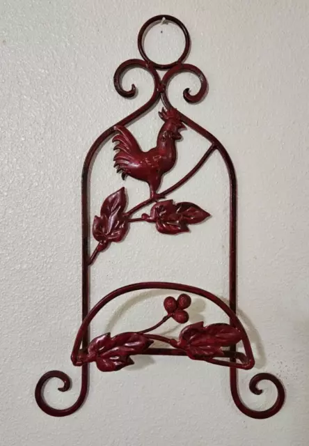 Red Rooster Berry & Leaf Metal Wrought Iron Plate Holder Wall Hanger 17" x 10"