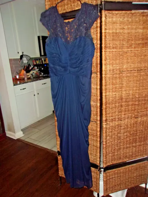 Ruched Lace Evening Long Dress 14 Adrianna  Papell Navy Blue Lined Cut out back