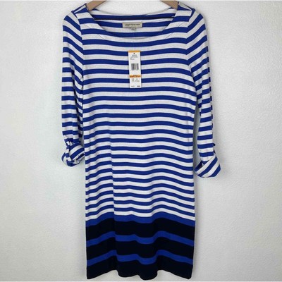 Jones New York Seaport Blue Multi Stripe Tab Sleeve Dress New w Tag Size Small