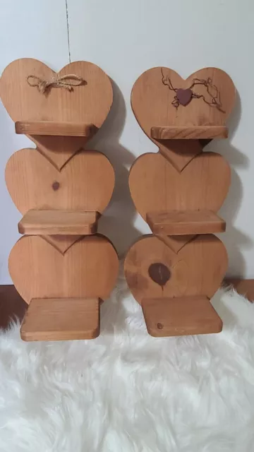 Set Of 2 1980S Vtg Solid Wooden Heart Shaped 3 Tier Hanging Shelf With Pegs