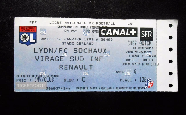 Ticket Match OL Lyon Vs FC Sochaux - Saison 1998/99 - Collection