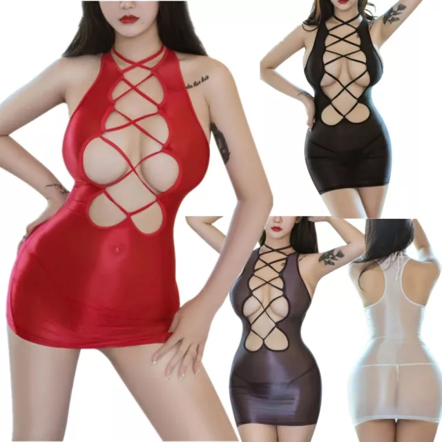 Women's Sexy Criss Cross Lace Up Dress See-through Cut Out Sleeveless Mini Dress 2