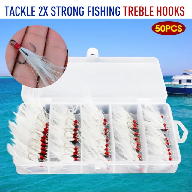 50PCS Tackle 2X Strong Fishing Treble Hooks White Feather Dressed 10#8#6#4#2#