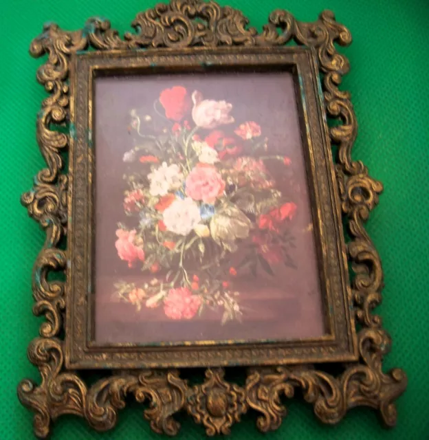 Ornate Brass Picture Frame Made in Italy Flowers Under Glass 5 1/2" Miniature