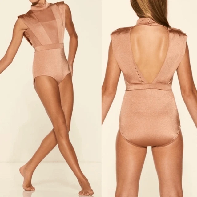Kelle’ dance jazz acro costume leotard tan beige CHASING CLOUDS 5337 Adult MA