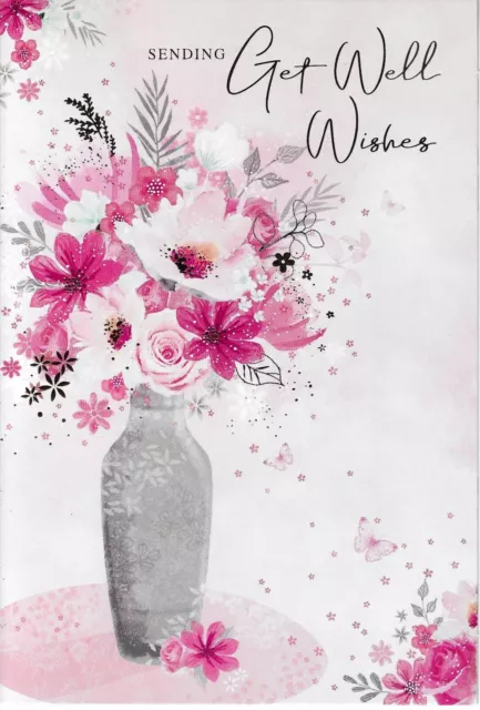 Get Well Wishes Greeting Card 7"X5" Pink Flower Bouquet