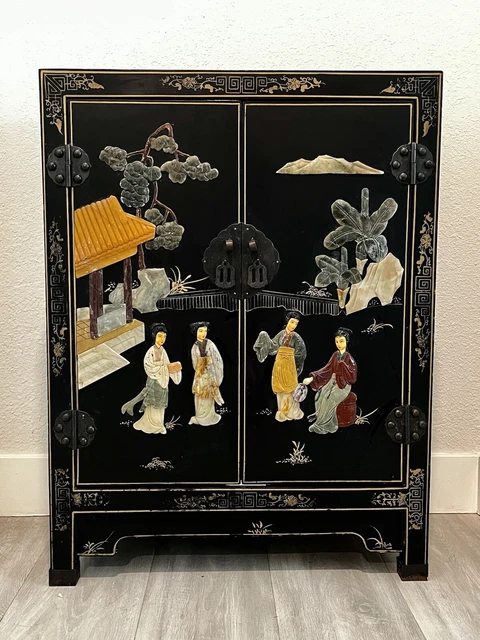 Vintage Mid Century Black Lacquer Chinoiserie Cabinet/Nightstand W/ Carved Stone