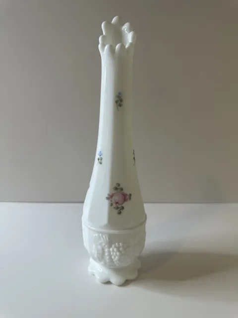 Vtg Westmoreland Swung MCM Handcrafted Bud Vase Floral Milk Glass embossed grape
