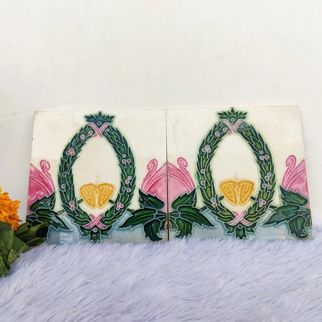 Vintage Garland Design Embossed Nouveau Architecture Furniture Tiles Japan 2Pcs
