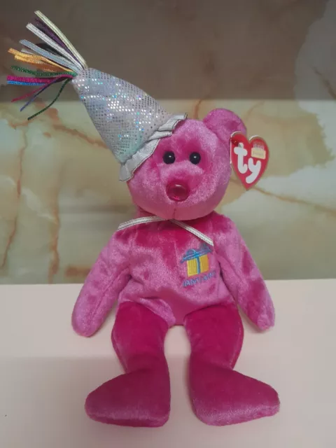 TY Beanie Babies 'January' Birthday Teddy Bear  With Party Hat/Jan Logo 2002