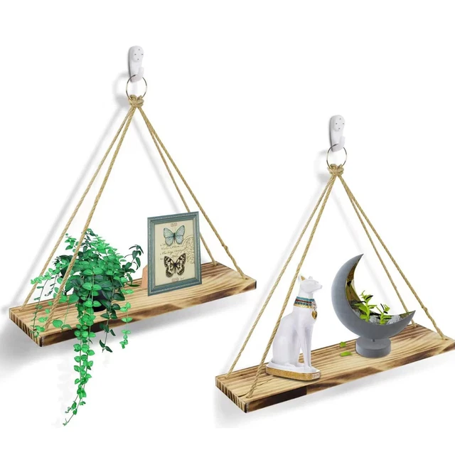 Boho Wall Hanging Shelves- Wood Hanging Shelf for Wall, Wall Mount...