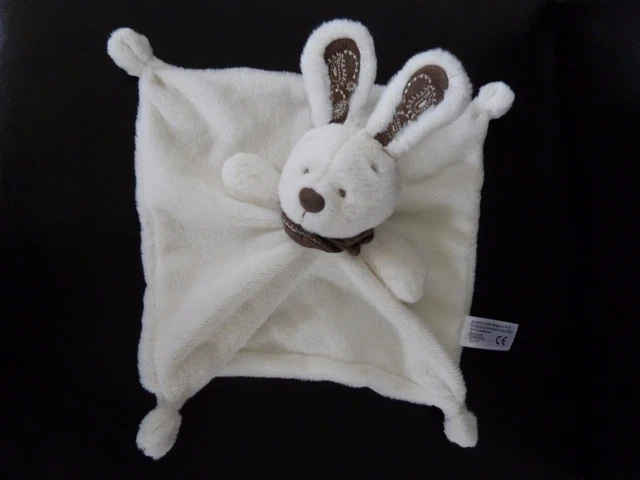 912.  Doudou Plat Simba Lapin Blanc Foulard Oreilles Marron Taupe Neuf*