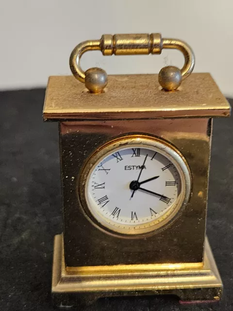 Vintage Estyma  gold plated  Miniature carriage Clock new battery fully working