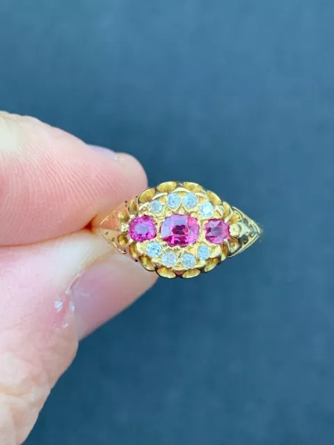 18ct gold diamond natural ruby cluster ring Victorian