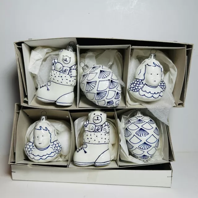 6 X Vintage Blue White Delft Style Christmas Baubles Decorations Fibreglass