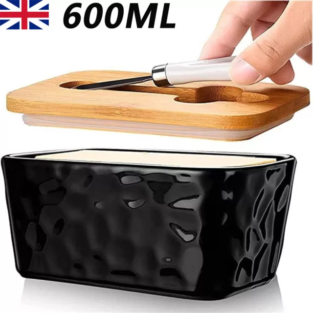 Butter Dish With Lid Ceramic Porcelain Storage Container Kitchen Holder Black UK