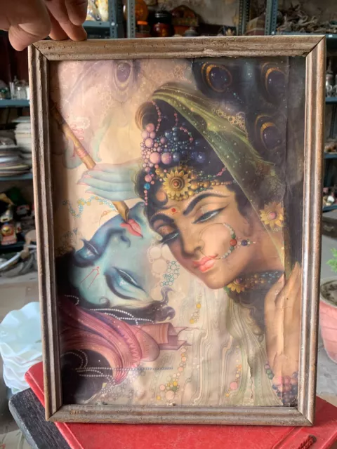 Vintage Old Hindu God Krishna & Goddess Radha Print Framed With Wooden Frame