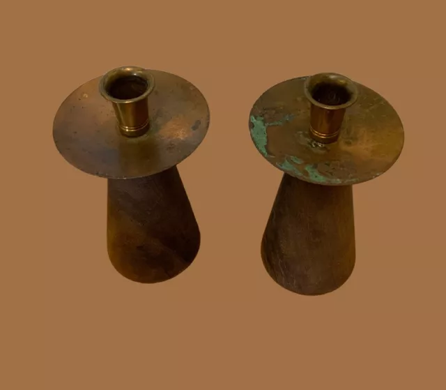 Set of 2 MCM Messner California walnut Brass Candlestick Holders
