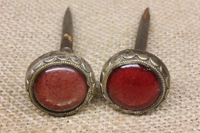 2 Old Picture Nails Painting Hanger Red Glass Decorated Edge Vintage Victorian