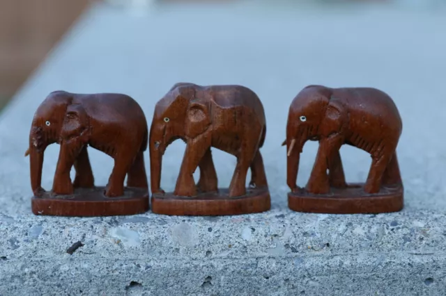 Vintage Wood Carve 4 x Elephant Antique set, made in Thailand, 1970s 3