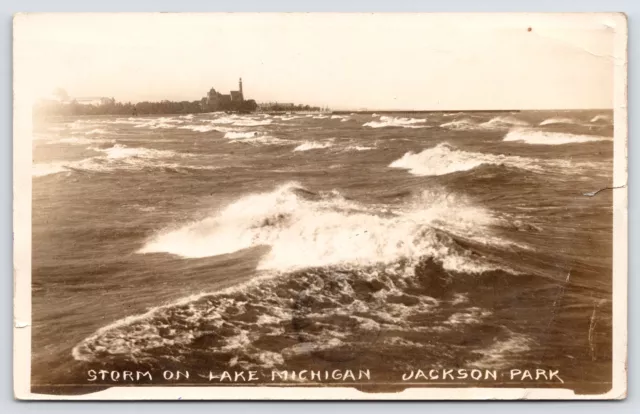 Chicago Waves Thrash~Storm On Lake Michigan @ Jackson Park~RPPC 1911 South RPO?