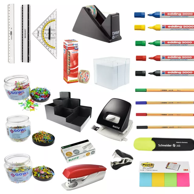Büro Set Locher Tacker Tischabroller Lineal Geodreieck Fineliner Marker Edding