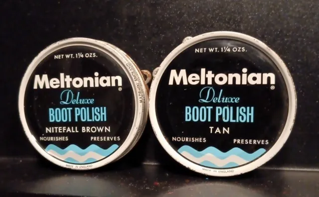 Vintage Lot x2 Meltonian Deluxe Boot Polish Tin Cans (Made In ENGLAND) Tan