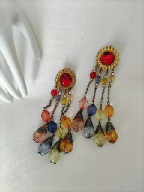 Orecchini lunghi vintage clip dorati resina colorati usati anni '70 '80 earring