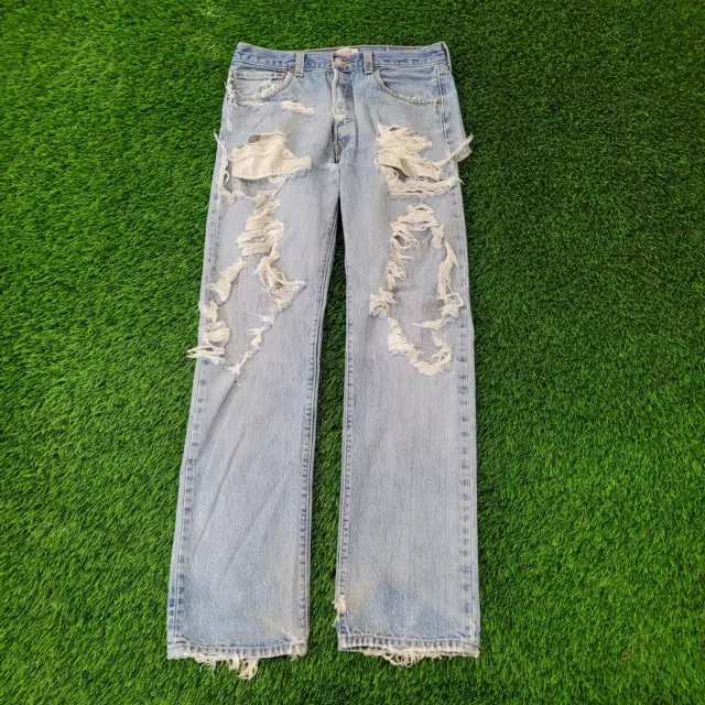 501 LEVIS Distressed Thrashed Straight Jeans Womens 12 33x33 Ripped Rugged