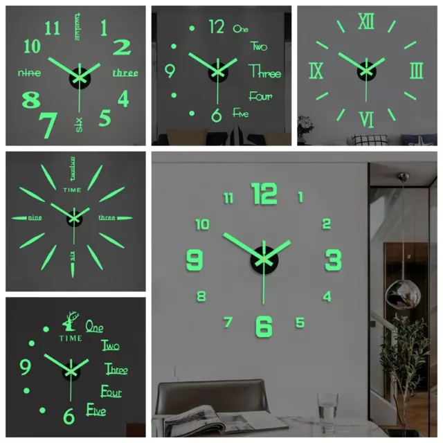 3D DIY Large Wall Clock Big Watch Sticker Office Home Decoration Unique Luminous