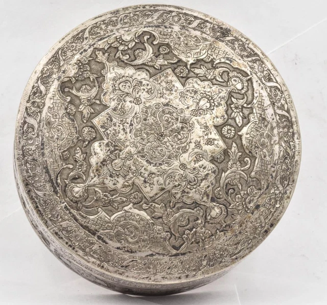 Antique handmade PERSIA 84 Silver Hallmarked Round covered Trinket Box 3.5" diam