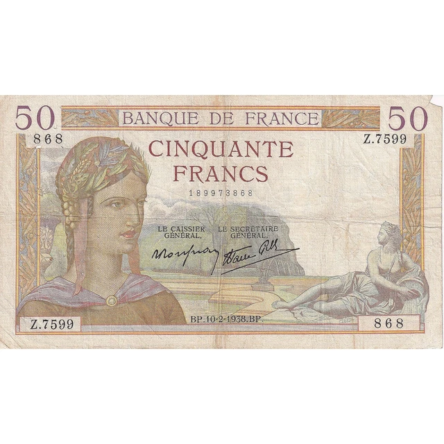 [#195729] France, 50 Francs, Cérès, 1938, Z.7599, TB, Fayette:18.08, KM:85b