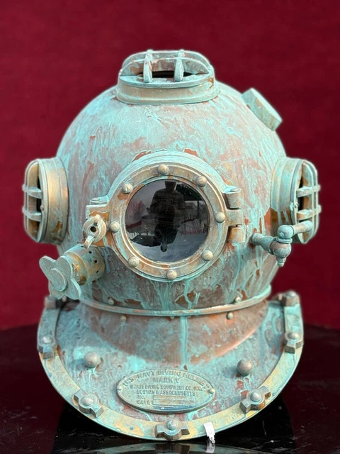 Ancien Casque De Plongée + Boussole Bureau - Laiton Et Cuivre - Décoration Vintage Marine USA Navy