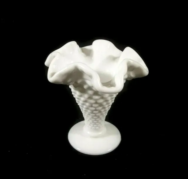 Vintage Fenton Small White Milk Glass Ruffle Top Hobnail Vase