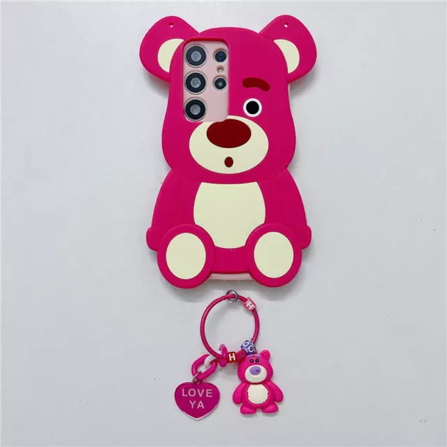 3D Happy Bear Soft Silicone Cover Case For Samsung Galaxy S22 S23 S24 Neck Strap