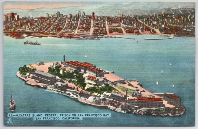 San Francisco CA- California, Alcatraz Island Aerial View Vintage Linen Postcard