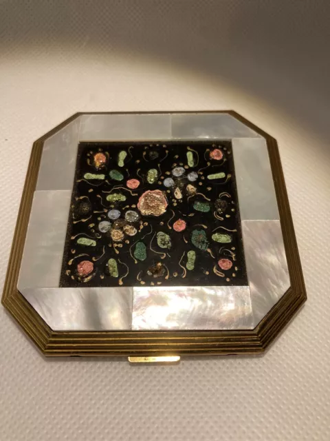 Vtg Volupte Compact Mother Of Pearl Inlay Mirror Beveled Edge Square Gold