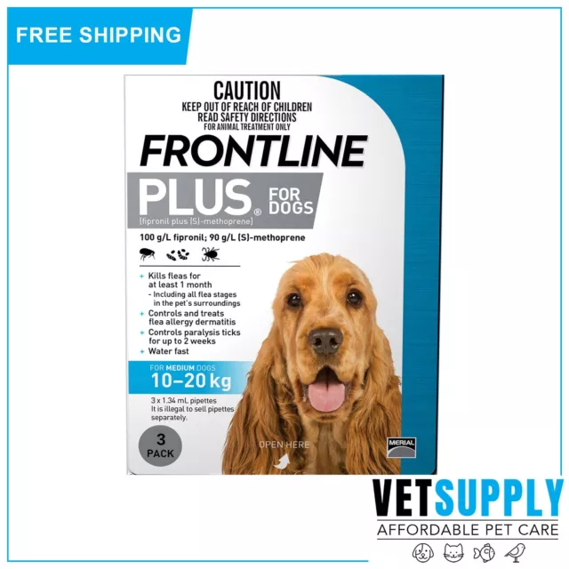 Frontline Plus For Dogs 10 To 20 Kg Blue Flea and Tick Treatment 3 Pipettes