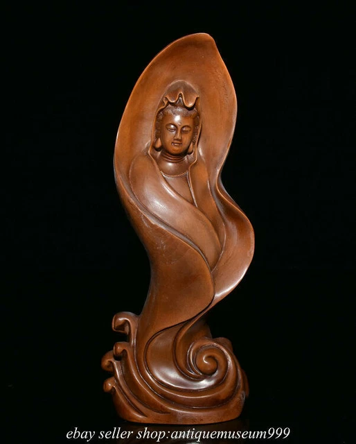 8" Old Chinese Boxwood Wood Carved Kwan-Yin Guan Yin Boddhisattva Goddess Statue