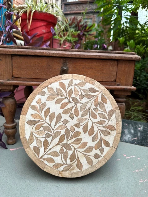 Old Hand Crafted Wooden Bone Inlaid Work Beautiful Vintage Round Panel
