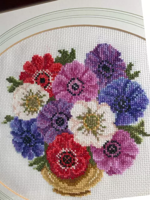 Finished Cross Stitched Flowers Framed- wall/tabletop art decor.