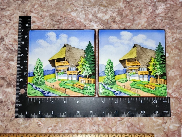 Pair Vintage Majolica tile trivet Chalet Handpainted Ceramic made in  Germany