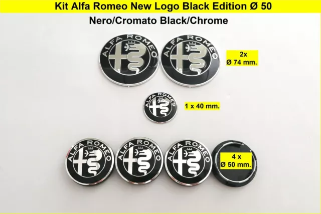 Kit 7 pz per Alfa Romeo Black Ø 50 mm Emblema Stemma tappi logo badge 147 GT 156