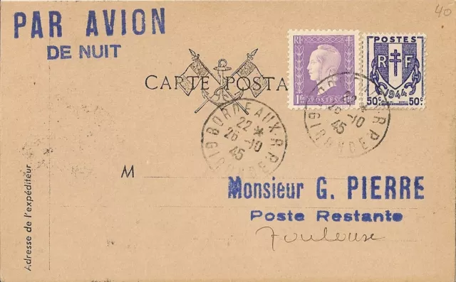 Carte - Lettre Par Avion De Nuit Bordeaux - Toulouse 1945