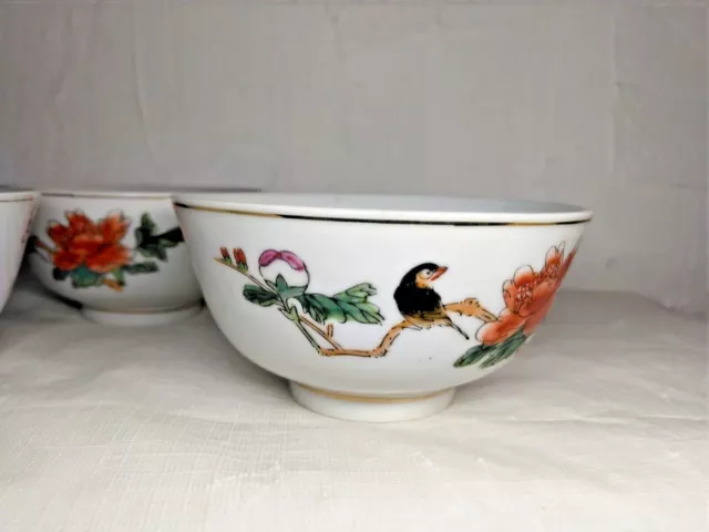 Chinese Porcelain Rice Bowls Bird & Peonies Hand Painted Gold Rim Footed  NICE!